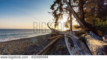 Unique Rock Formation At Sandcut Beach On The West Coast Of Pacific Ocean. Summer Sunny Sunset. Cana