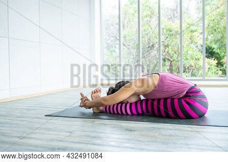 Asian Women Workout Practicing Yoga Training Put On Pink Clothes And Practice Meditation Wellness Li