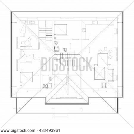 Residential Building Technical Drawing. Vector Rendering Of 3d. Wire-frame Style. The Layers Of Visi