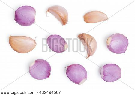 Isolated Onion And Gralic. Top View Onions And Gralic With Slice On White Background. Clipping Path.