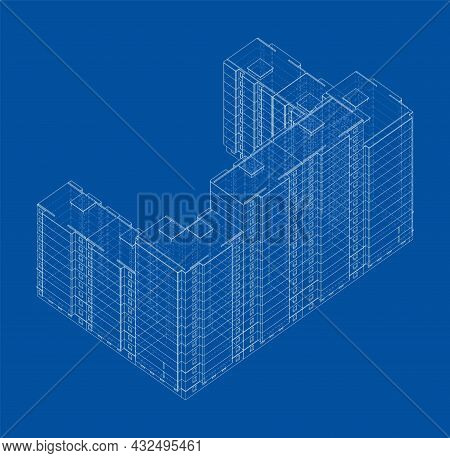 Vector Wire-frame Model Of A Multi-storey Residential Building. Construction Concept. Drawing Or Blu