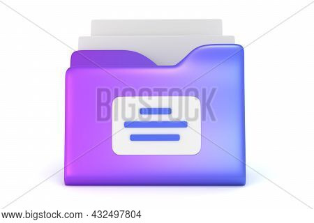 Folder For Storage Documents Front View 3d Rendered Illustration. Purple Icon With Lists Isometry. A