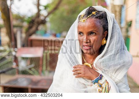 Mekelle, Ethiopia - April 28, 2019: Ethiopian Beautiful Woman With Traditional Costume On The Street