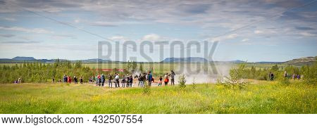 Geysir, Iceland - July 28, 2021: Geyser Strokkur In Iceland Errupting With Hot Water And Steam, Each