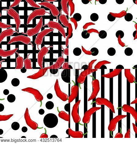 Red Pepper On Geometry Background Vector Seamless Pattern Set. Mexican Chili Vegetable. Hot Paprika 