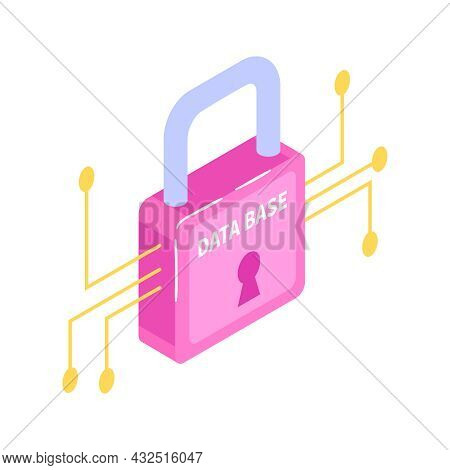 Data Base Protection Isometric Icon With Padlock On White Background Vector Illustration