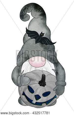 Halloween Gnome With Pumpkin Lantern. Hand Drawn Watercolor Illustration, Clipart Isolated On White 