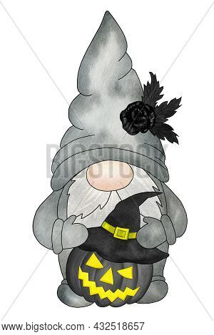 Halloween Gnome With Pumpkin Lantern. Hand Drawn Watercolor Illustration, Clipart Isolated On White 