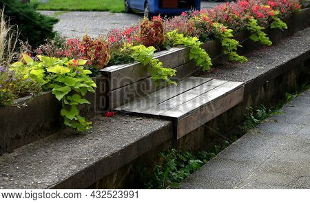 On The Edge Of The Elevated Terrace Overlooking The Park Is A Concrete Long Flowerpot With A Concret
