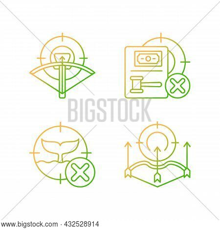 Hunting Provisions And Restrictions Gradient Linear Vector Icons Set. Archery. Illegal Whaling. Wild