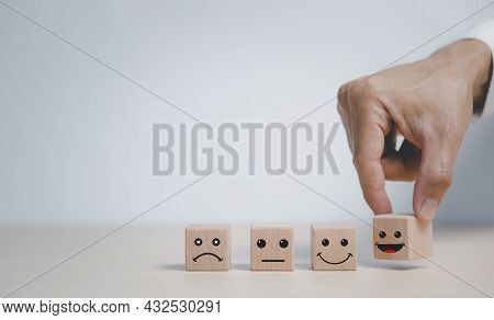 Customer Service Evaluation And Satisfaction Survey Service Rating Concepts.hand Choose Wooden Cube 