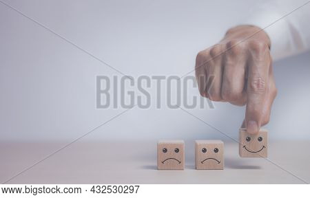 Customer Service Evaluation And Satisfaction Survey Service Rating Concepts.hand Choose Wooden Cube 