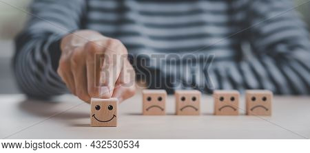Customer Service Evaluation And Satisfaction Survey Service Rating Concepts.hand Choose Wooden Cube 