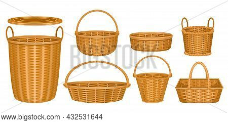 Wicker Basket Set With Isolated Images Of Wooden Baskets With Wooden Baskets On Pure Blank Backgroun