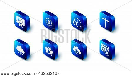 Set Bitcoin In The Target, With Clock, Pickaxe, Server Bitcoin, Cryptocurrency Cloud Mining, Piggy B