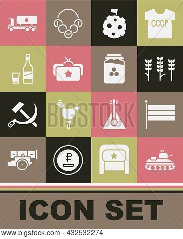 Set Military Tank, National Russia Flag, Wheat, Moon With, Ushanka, Bottle Of Vodka Glass, Tanker Tr