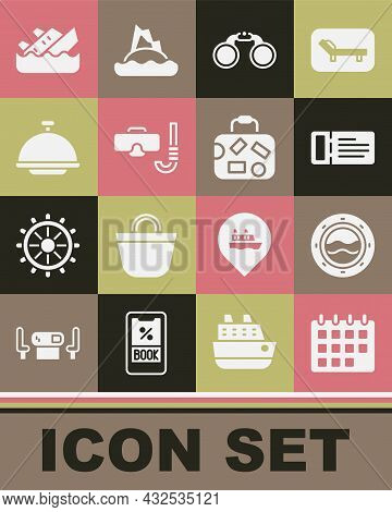 Set Calendar, Ship Porthole With Seascape, Cruise Ticket, Binoculars, Diving Mask And Snorkel, Cover