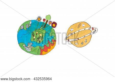 The Concept Of The World.children\'s Drawing Of The Planets On A White Background Isolade.