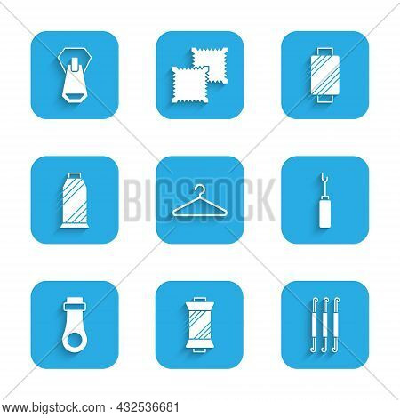 Set Hanger Wardrobe, Sewing Thread On Spool, Crochet Hook, Awl Tool, Zipper, And Icon. Vector