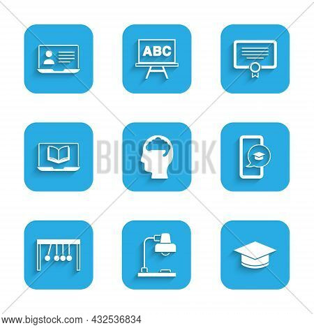 Set Human Brain, Table Lamp, Graduation Cap, Mobile, Pendulum, Online Class, Certificate Template An