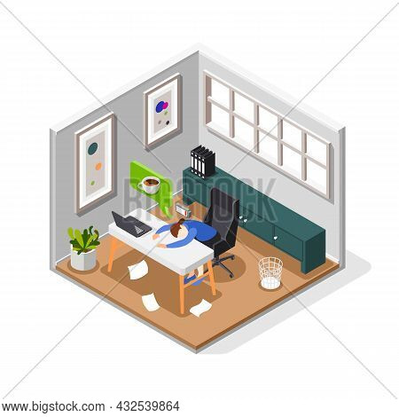 Burnout Syndrome Isometric Composition With Tired Woman Sleeping On Desk And Dreaming About Cup Of C