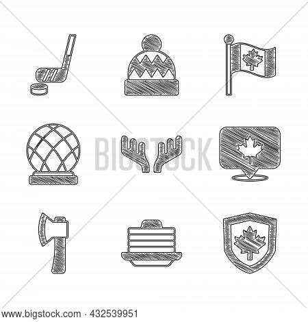 Set Deer Antlers, Stack Of Pancakes, Canada Flag On Shield, Canadian Maple Leaf, Wooden Axe, Montrea