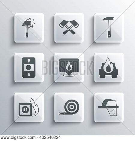 Set Fire Hose Reel, Firefighter Helmet, Burning Car, Location With Fire Flame, Electric Wiring Of So
