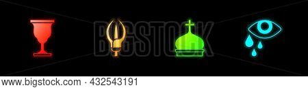 Set Christian Chalice, Lily Flower, Church Tower And Tear Cry Eye Icon. Vector