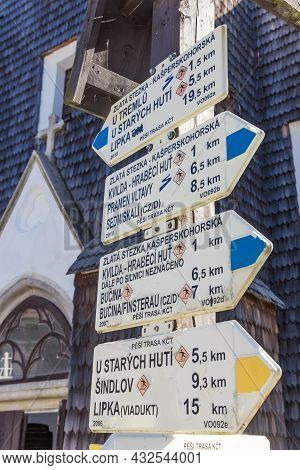 Kvilda, Czech Republic - September 20, 2020: Tourist Sign In Front Of The Church Of Kvilda, Czech Re