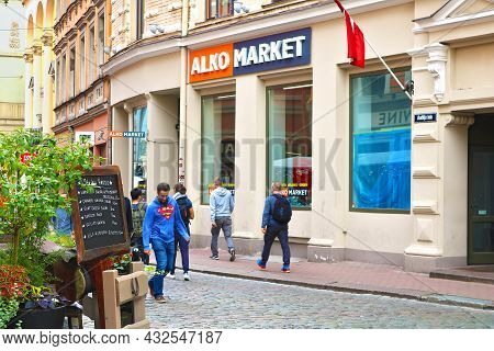 Riga, Latvia- August 28, 2018: Alko Market Is A Shop Of Alcohol Products On Audeju Street