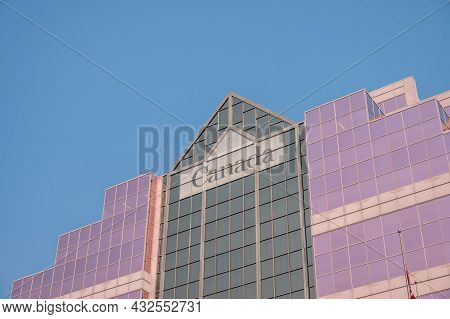Edmonton, Alberta - July 30, 2021: Looking Up View Of The Federal Building In Edmonton's Downtown.