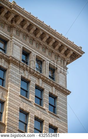 Looking Up View Of Edmonton's Historic Downtown Office Buildings.