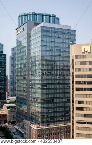 Edmonton, Alberta - July 30, 2021: Looking Up View Of Edmonton's Downtown Office Buildings.