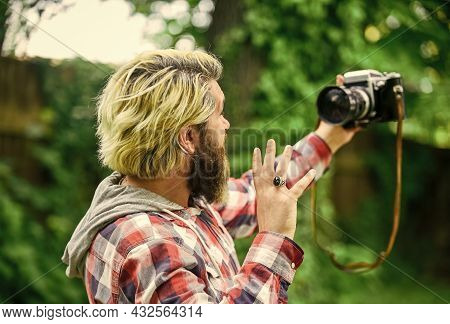 Photography In Modern Life. Use Camera. Creating Content For Blog. Bearded Man Hipster Taking Photo.