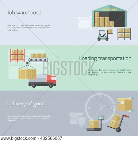 Warehouse Horizontal Banner Set With Transportation Delivery And Logistic Elements Flat Isolated Vec
