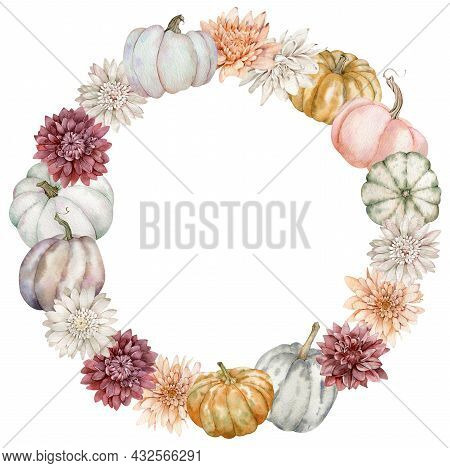 Fall Wreath With Colorful Pumpkins And Fall Flowers. Watercolor Thanksgiving Template Decorated With