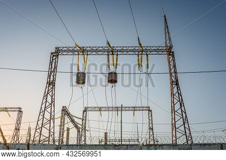 High-voltage Power Lines With Wave Trap Or High-frequency Stopper. Electricity Distribution Station.