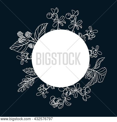 A Round Frame Framed By Bushes Of Wild Berries: Blackberries, Cranberries, Boneberries, Barberry. Ve