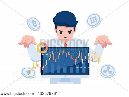 Businessman Controlling Cryptocurrency Trading Market. Cryptocurrency Market Manipulation And Financ