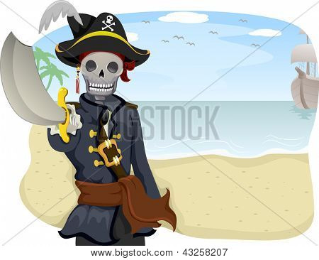 Ilustración de un pirata uniformado apuntando con su espada levantada