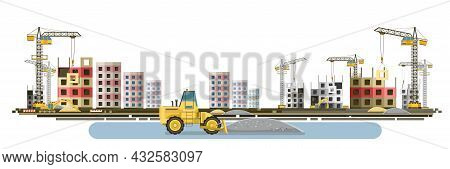 Construction Of New Microdistrict Of City. Cranes And Tractors. Modern Technologies And Equipment. H