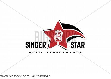 Singer Star Logo Template. Microphone Silhouette Inside Star. Icon For Leading, Song Contest, Event,