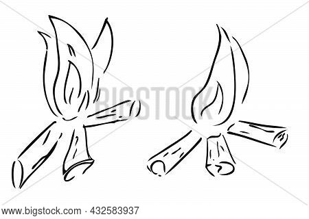 Vector Hand Draw Sketch, 2 Camp Fire Or Bon Fire.