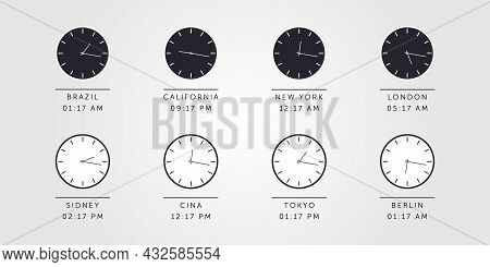 Set Of Day And Night Clock For Time Zones Different Cities. Vector Illustration