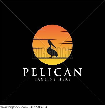 Pelican Bird Logo Vintage With Sun Background Vector Illustration Design