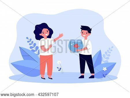 Cartoon Boy Showing Or Giving Fish In Tank To Friend. Happy Child Holding Aquarium With Fish Flat Ve
