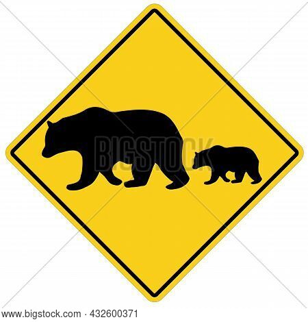 Bear Crossing On White Background. Yellow Road Sign Attention Animal Bear Sign. Bear Warning Symbol.