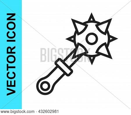 Black Line Medieval Chained Mace Ball Icon Isolated On White Background. Morgenstern Medieval Weapon
