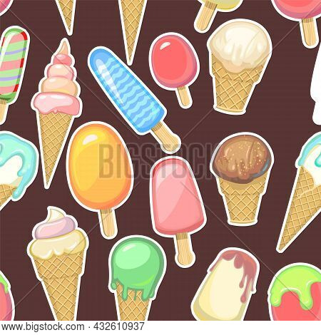 Ice Cream Pattern Seamless. Dark Background Illustration. Wallpaper Print. In Waffle Glasses And Con