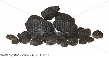 Several Pieces Of Coal Before Exemptly White Background.